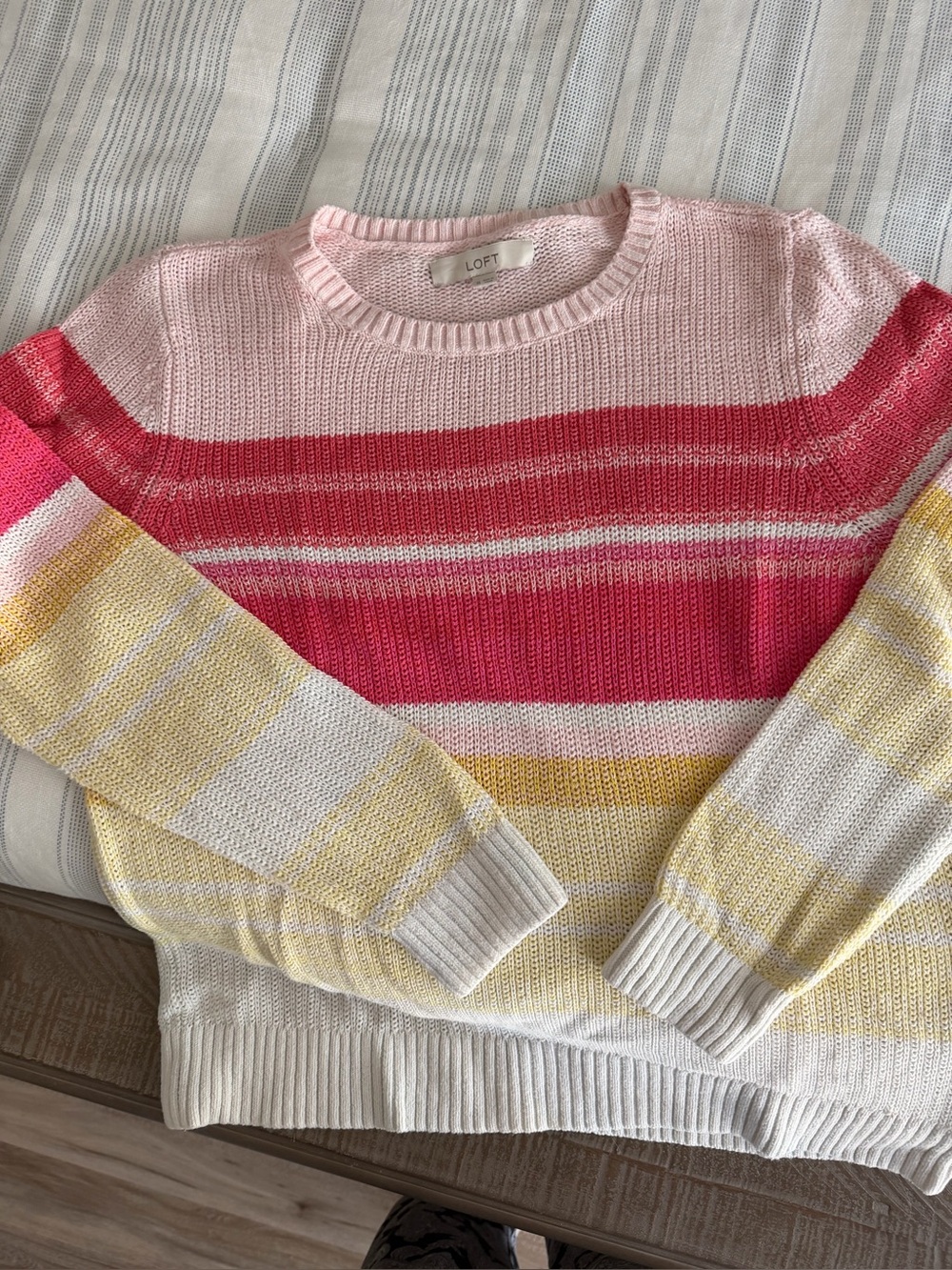 LOFT Striped Crewneck Sweater in Pink, Hot Pink, Yellow & White
